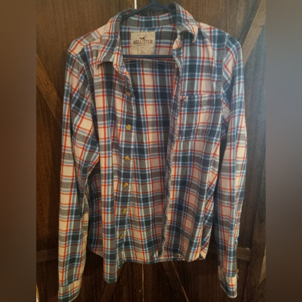 Men's Hollister (Wht/blue/red) Plaid Flannel L/S Shirt (Size: Large)